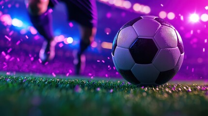 Obraz premium Soccer Ball on Grass Night Game Stadium Lights Sports Action