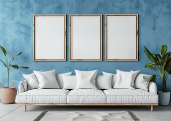 Minimalist living room interior with a white sofa. three blank frames on a blue wall. and potted plants