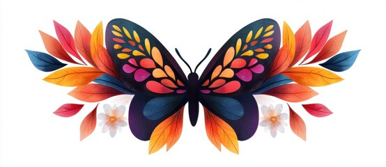 Fototapeta premium Colorful Butterfly with Autumn Leaves Flowers Illustration