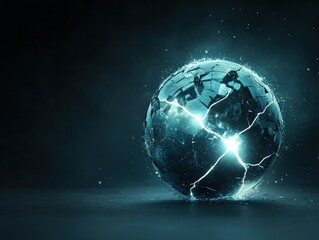 Naklejka premium A glowing, cracked globe emits light against a dark background, symbolizing fragility and interconnectedness in the modern world.