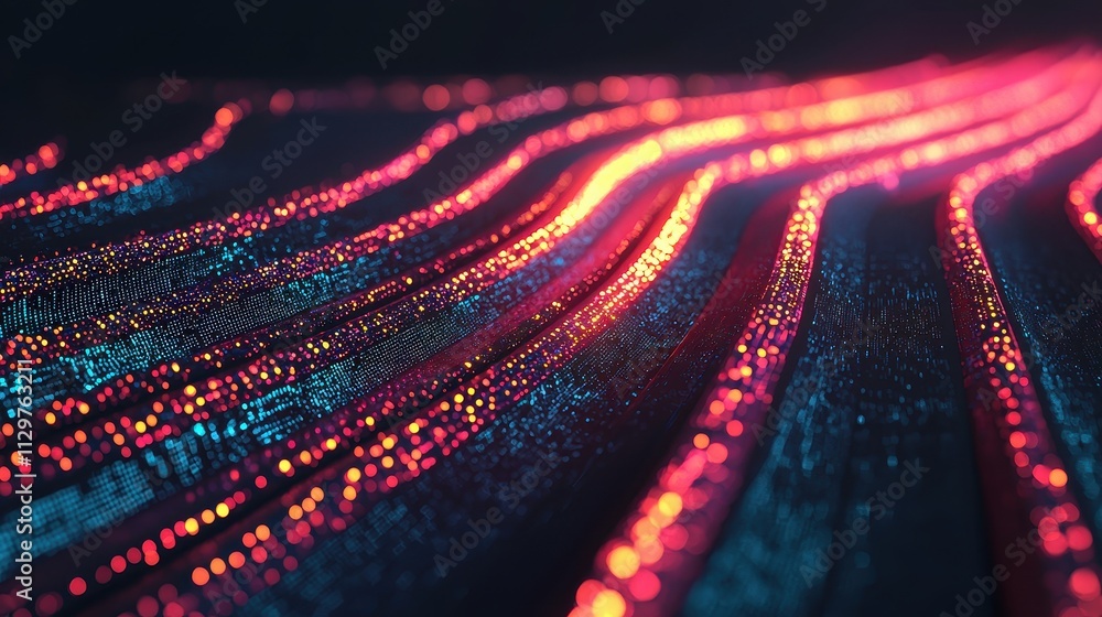 Poster a vibrant abstract image featuring glowing waves in red and blue tones, creating a dynamic and futur