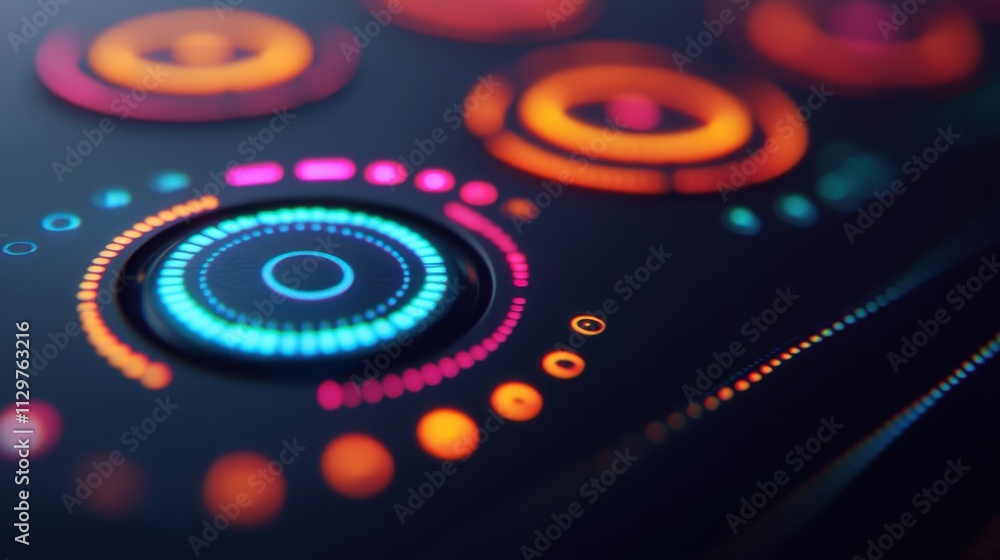 Poster a vibrant digital display featuring colorful circular patterns and glowing elements on a dark backgr