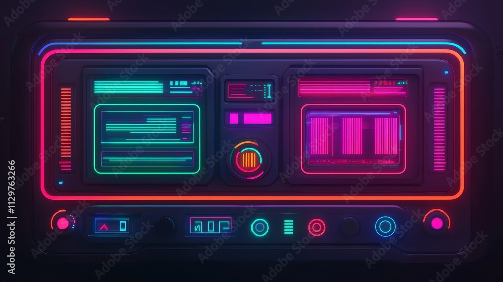 Poster a vibrant, futuristic interface with neon lights and various controls, resembling a high-tech device