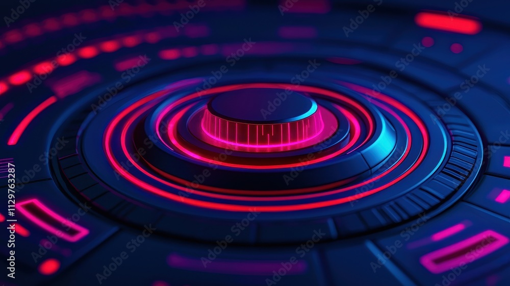 Poster a futuristic control interface featuring vibrant neon lights and circular patterns, suggesting advan