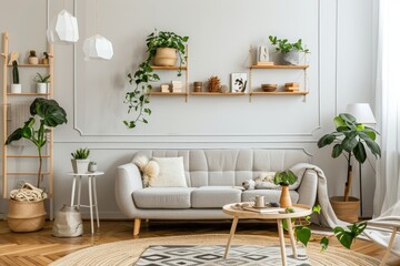 Cozy living room with a gray sofa. wooden shelves. plants. a round rug. and a coffee table