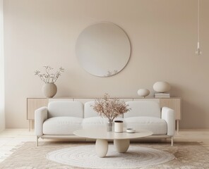 Minimalist living room interior with a white sofa. round coffee table. and large round mirror