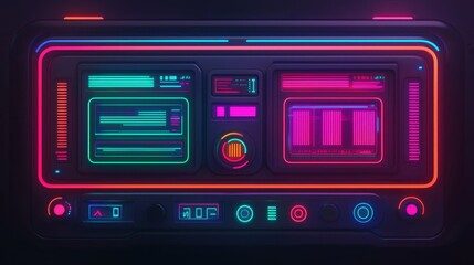 Obraz premium A vibrant, futuristic interface with neon lights and various controls, resembling a high-tech device or dashboard.