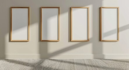 Four empty picture frames on a light beige wall with carpet and natural light