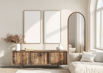 Minimalist living room interior with two blank frames. a wooden cabinet. and a large arch mirror
