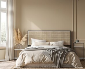 Minimalist bedroom interior with a rattan headboard. a large window. and neutral tones