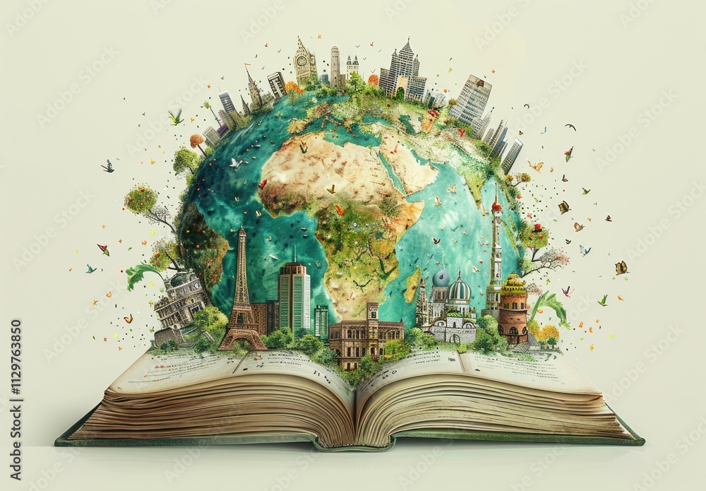Wall mural world map emerging from an open book