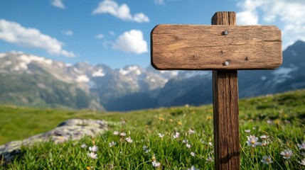 Blank Wooden Signpost in Alpine Meadow Mountain Landscape