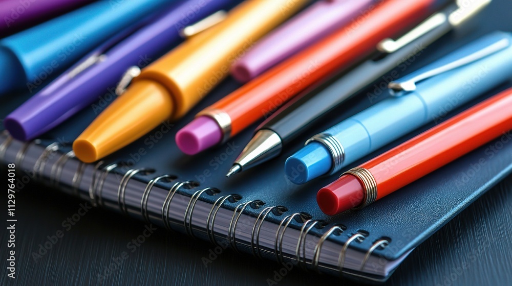 Poster colorful pens arranged on a notebook in a workspace setting