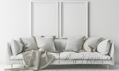 Two blank frames above a white sofa with pillows and a blanket