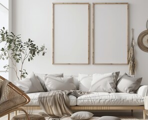 Minimalist living room with a white sofa. a wicker armchair. two blank frames. a plant. and a throw blanket