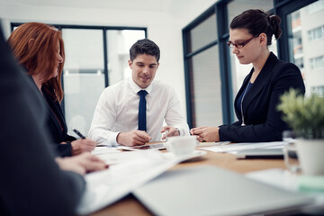 Teamwork, report and planning with business people in meeting for partnership, data analytics and...