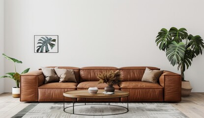Modern living room interior with brown leather sofa. coffee table. and plants