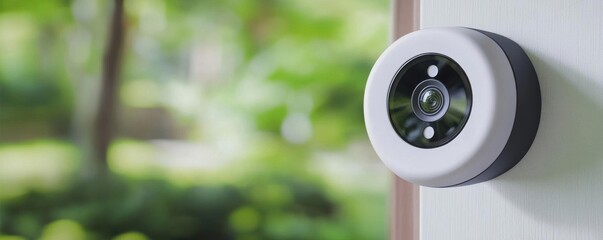 A closeup of a modern doorbell camera installed on a home s front door, with a clear view of the surroundings