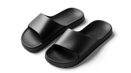 Classic rubber sandals in solid black, simple design, isolated on white background 