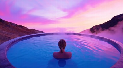 Woman Relaxing in Geothermal Pool at Sunset Mountain View