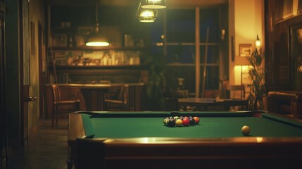 A cozy pool hall with a green table and dim lighting, inviting for leisure and socializing.