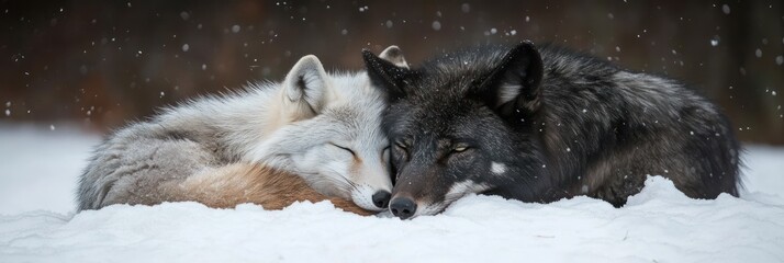 Fototapeta premium Arctic Fox and Wolf Huddle Together in Winter Snow