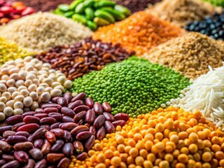 High-resolution macro images showcase the intricate detail of dried grains, peas, and rice.