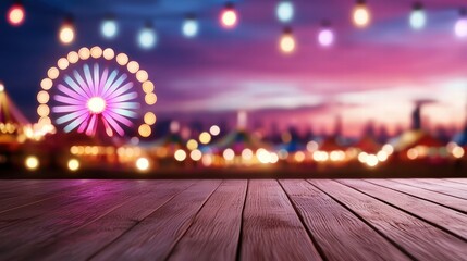 Festive Night Fair Ferris Wheel Wooden Table Blurred Lights