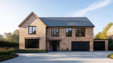 Fototapeta premium Modern brick home with slate roof sits on large driveway. Sunny day. Landscaped gardens surround house. Stylish design, contemporary architecture. Spacious property with ample parking. Spacious