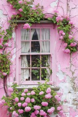 Pink hydrangeas blooming beside a pink window