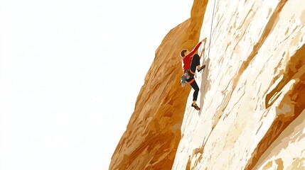 a 2D cartoon illustration of a person rock climbing a steep wall, adventurous and determined, white background--ar 16:9