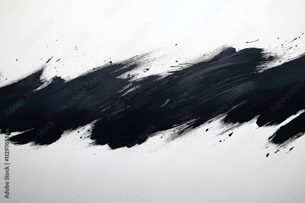 Poster abstract black ink splatter on white background. bold calligraphic strokes create dynamic shapes. te