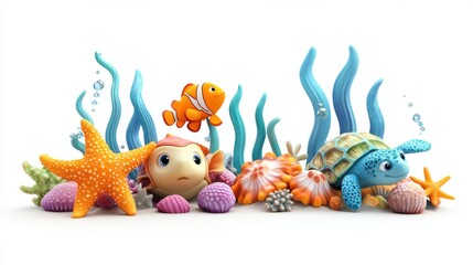 Fototapeta premium Cheerful 3D underwater scene featuring cute fish, starfish, and sea turtles, creating a lively display, isolated on white