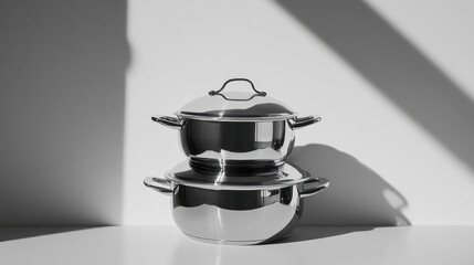 A high-angle product shot of a neatly stacked set of stainless steel cookware, arranged on a minimalistic white countertop with a soft shadow cast against a smooth wall, emphasizing their polished met