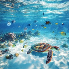 Obraz premium Colorful underwater scene with a sea turtle