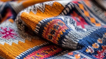 Fototapeta premium Close-up of a richly colored and patterned textile fabric with intricate details.