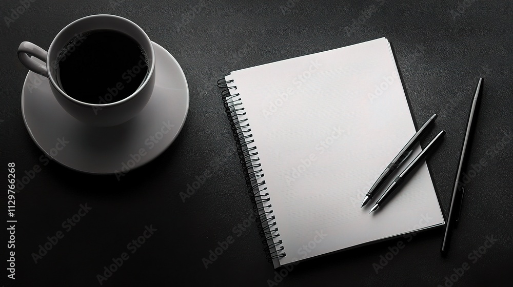 Poster minimalistic black and white desk setup with coffee and notepad
