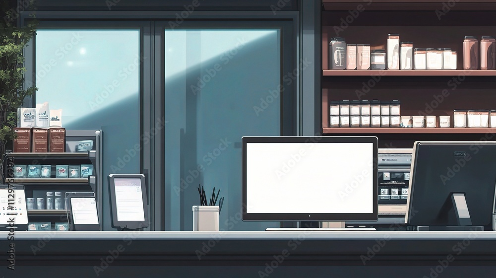 Poster modern office setup with laptop and blank screen on counter