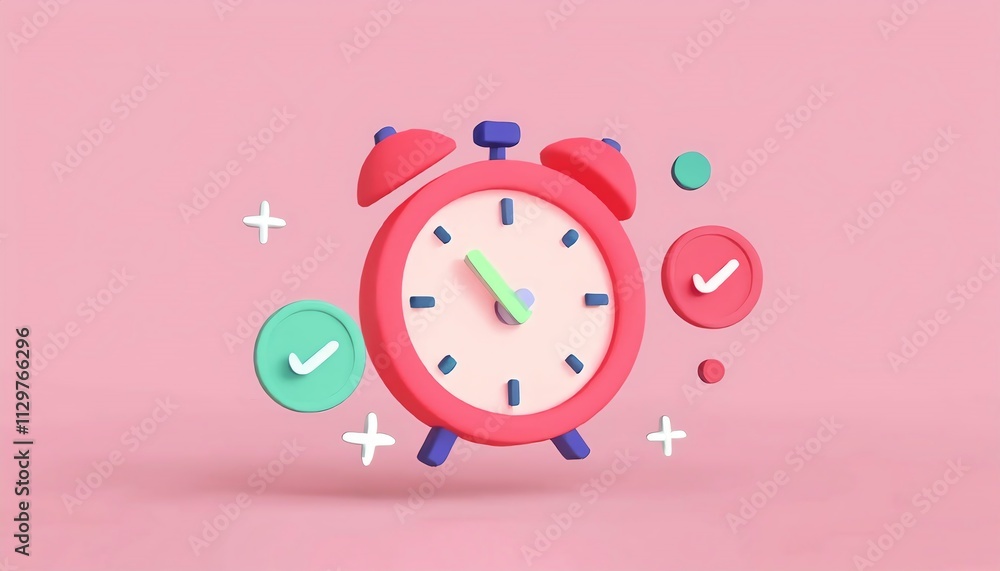 Poster a colorful, stylized alarm clock with checkmarks on a pink background, symbolizing time management a