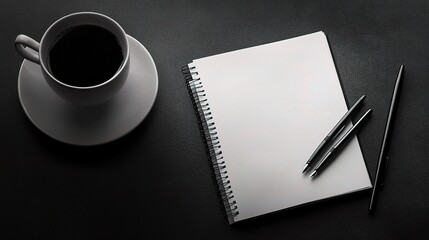 Minimalistic Black and White Desk Setup with Coffee and Notepad