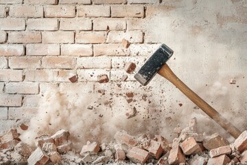 Sledgehammer striking wall debris in action