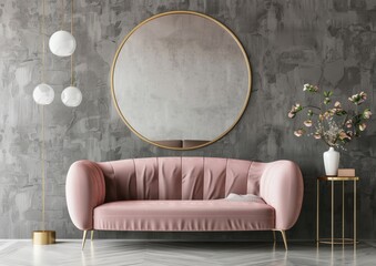 Pink velvet sofa in a modern living room with a round mirror. a side table. and flowers in a vase