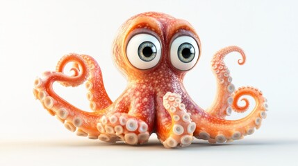Cute 3D octopus with big eyes and waving tentacles, floating joyfully, on a white backdrop