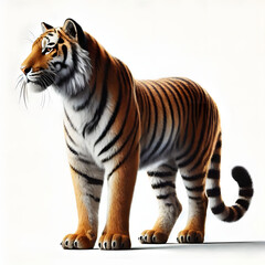 Obraz premium Tiger isolated on a white background, Side view, tiger standing full HD image generated by Ai. full body, realistic, full detail looking at the camera.