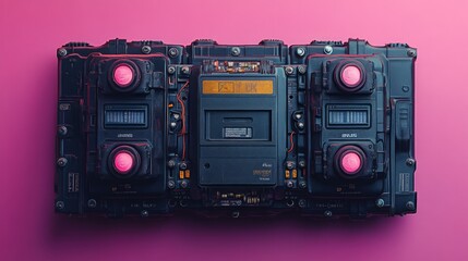 Futuristic, dark grey, metallic,  electronic device,  with glowing red buttons,  on a vibrant pink background.  Complex circuitry and storage units are visible.
