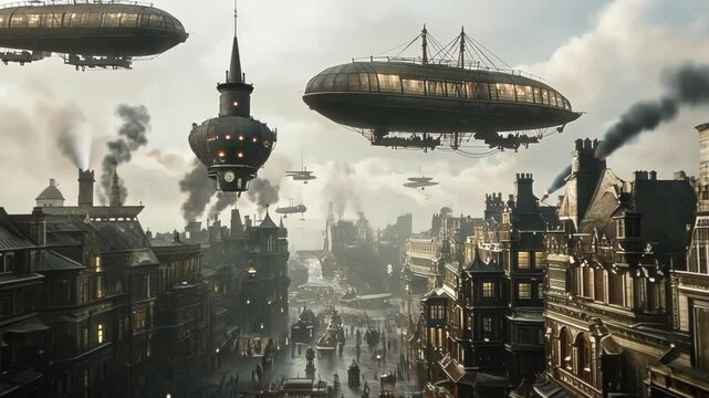 Steampunk Cityscape: Airships Over Victorian Streets
