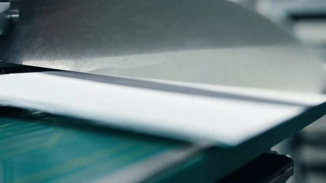 Worker cutting paper using guillotine