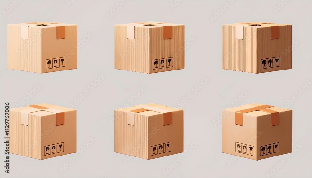 Poster a collection of cardboard boxes arranged in various orientations, showcasing their design and storag
