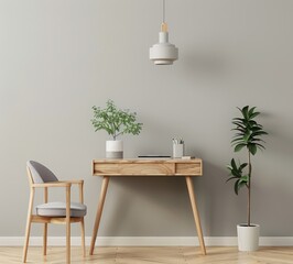 Minimalist home office desk with chair. potted plants. and pendant lamp against a gray wall