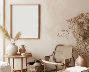 A minimalist living room with a rattan chair. wooden side table. a blank frame. dried flowers. and a white wall with subtle texture